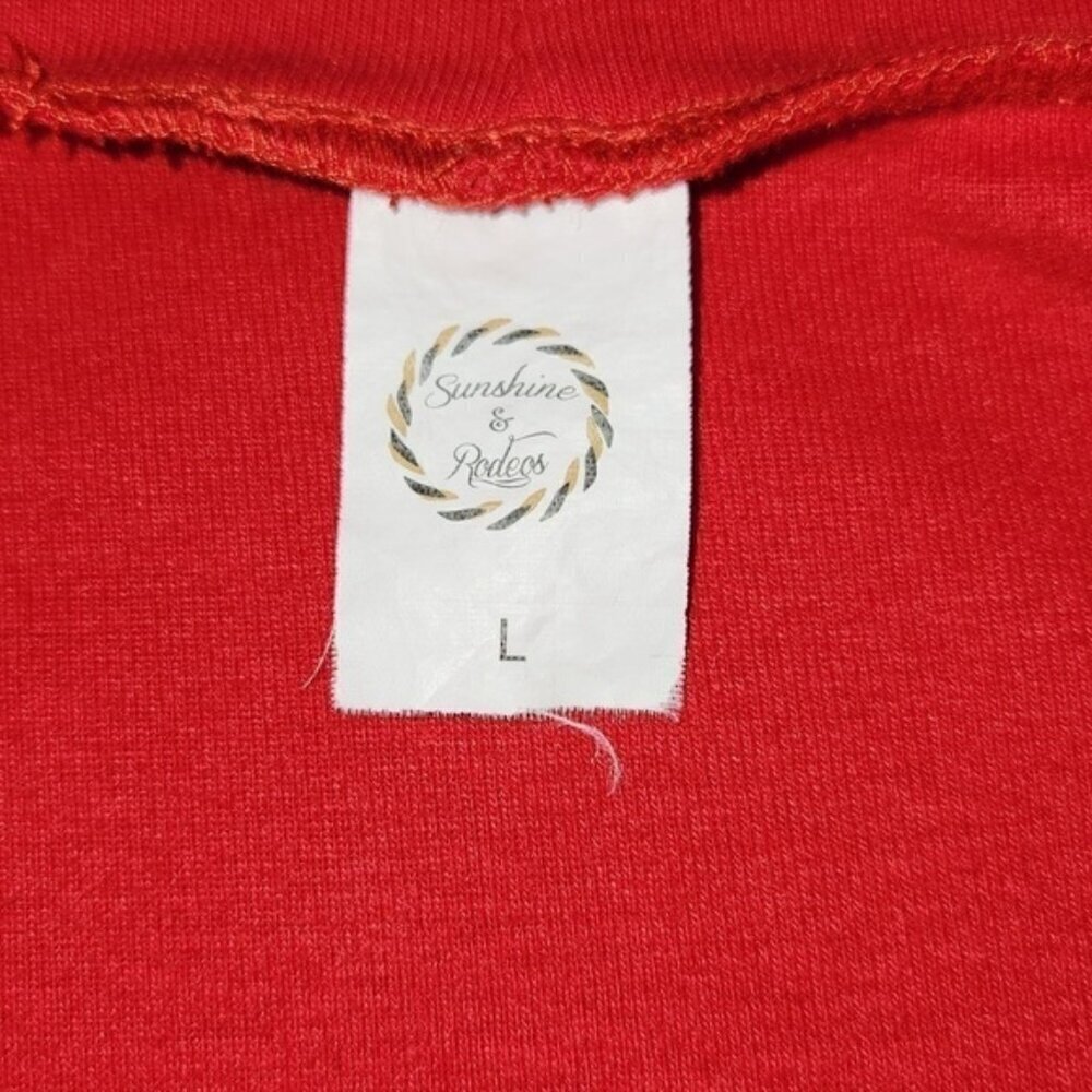 Sunshine & Rodeos Women SZ L Red 3/4 Sleeve Leopard Print Cuff Relaxed Fit Tunic - Picture 13 of 14